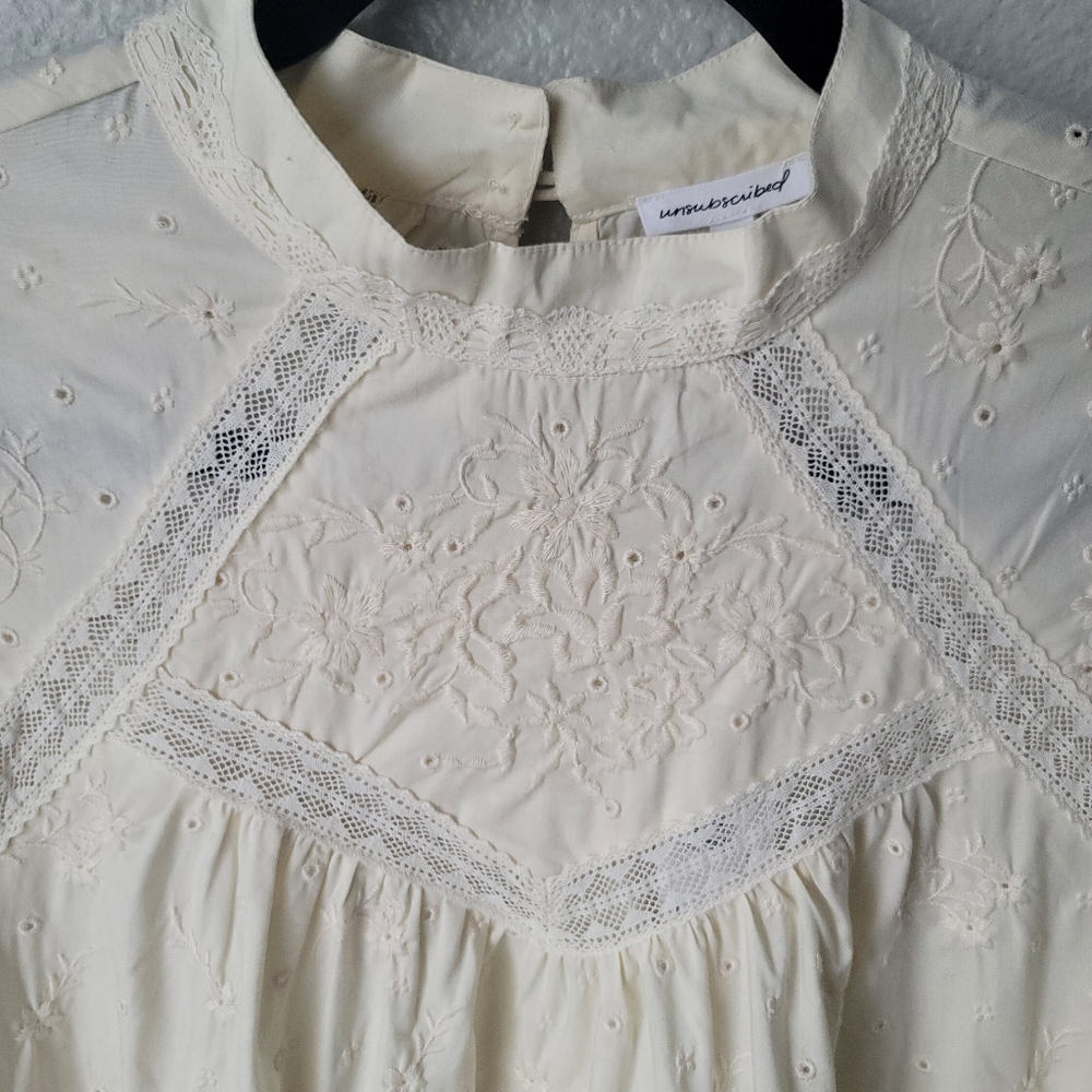 Unsubscribed 3008 Victorian Embroidered Boho Mini Dress Size XSmall In Ivory NWT - Picture 3 of 12